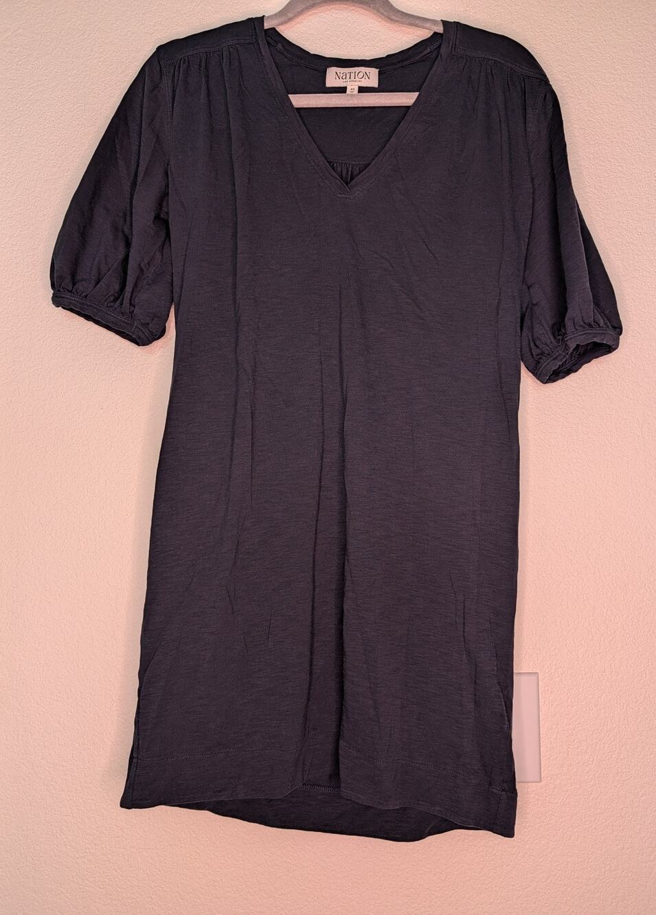 Nation Los Angeles Navy Blue 100% Pima Cotton Dress XS Chic Puff Sleeves Boho